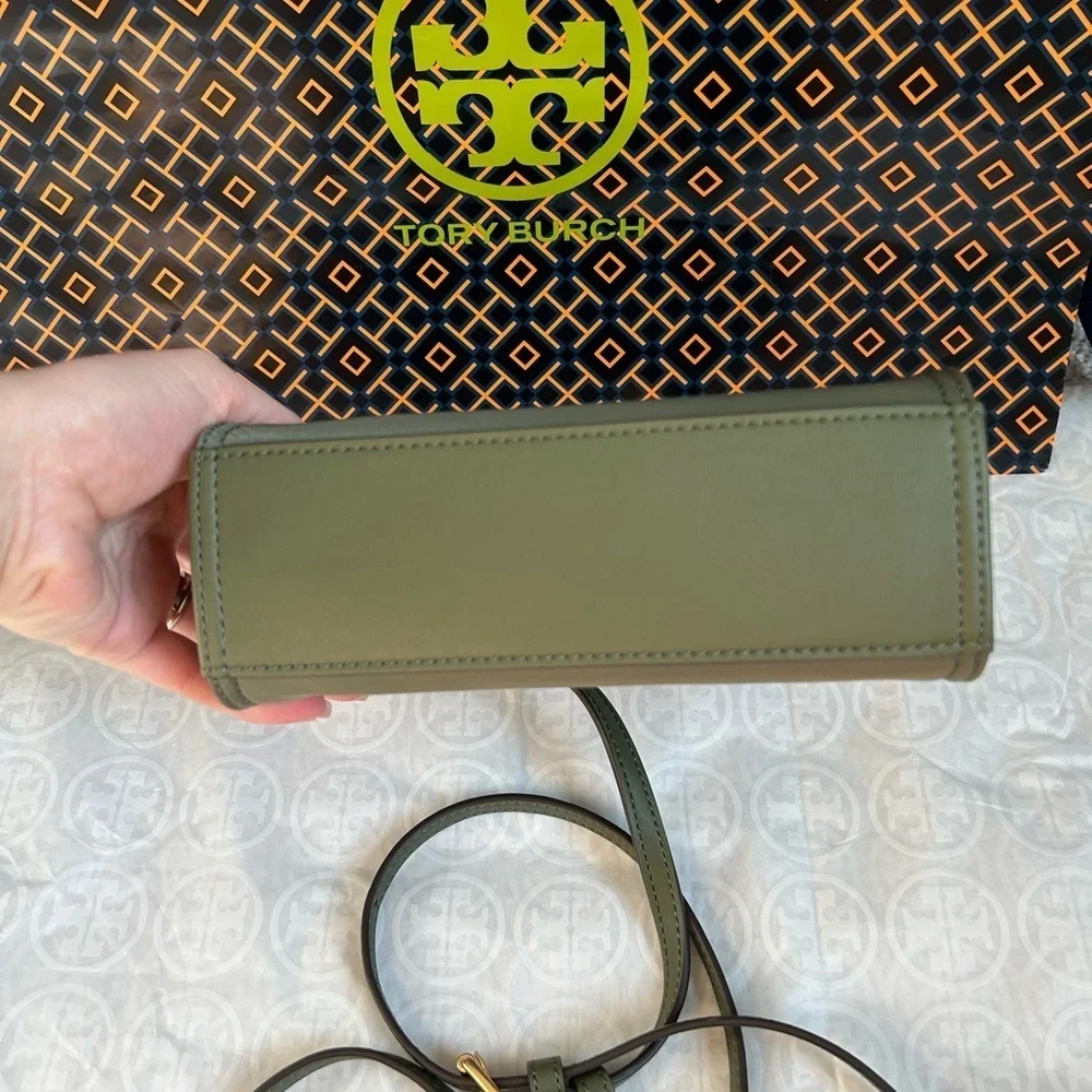 Tory Burch Ella Nylon Mini Tote Bag Crossbody Palm Leaf Gold Green